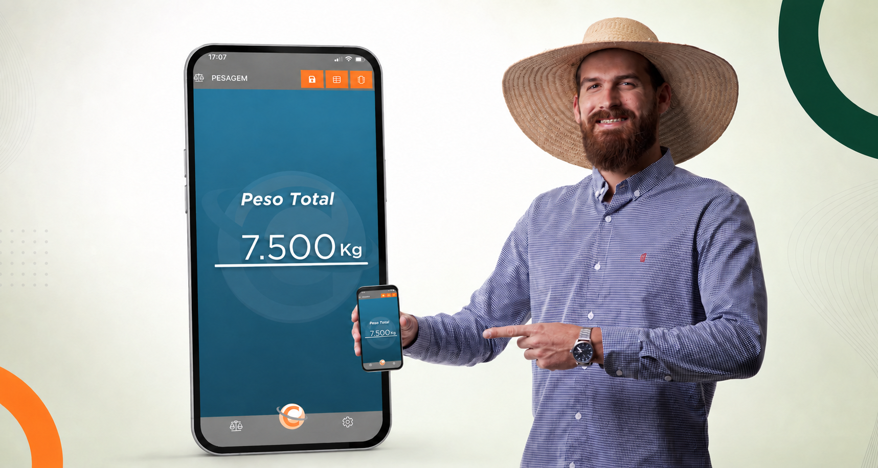 Aplicativo F-Control exibindo o peso total de 7.500 kg em um smartphone