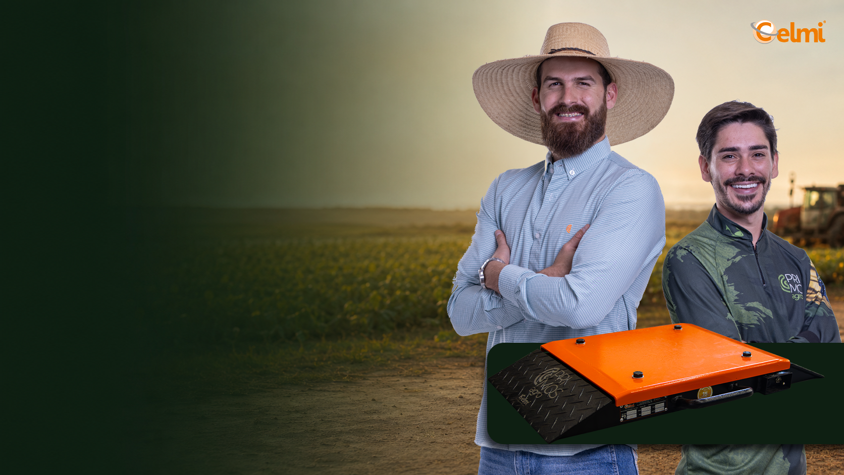 Primos Agro ao lado da plataforma de pesagem CM-1002H F-Control no campo